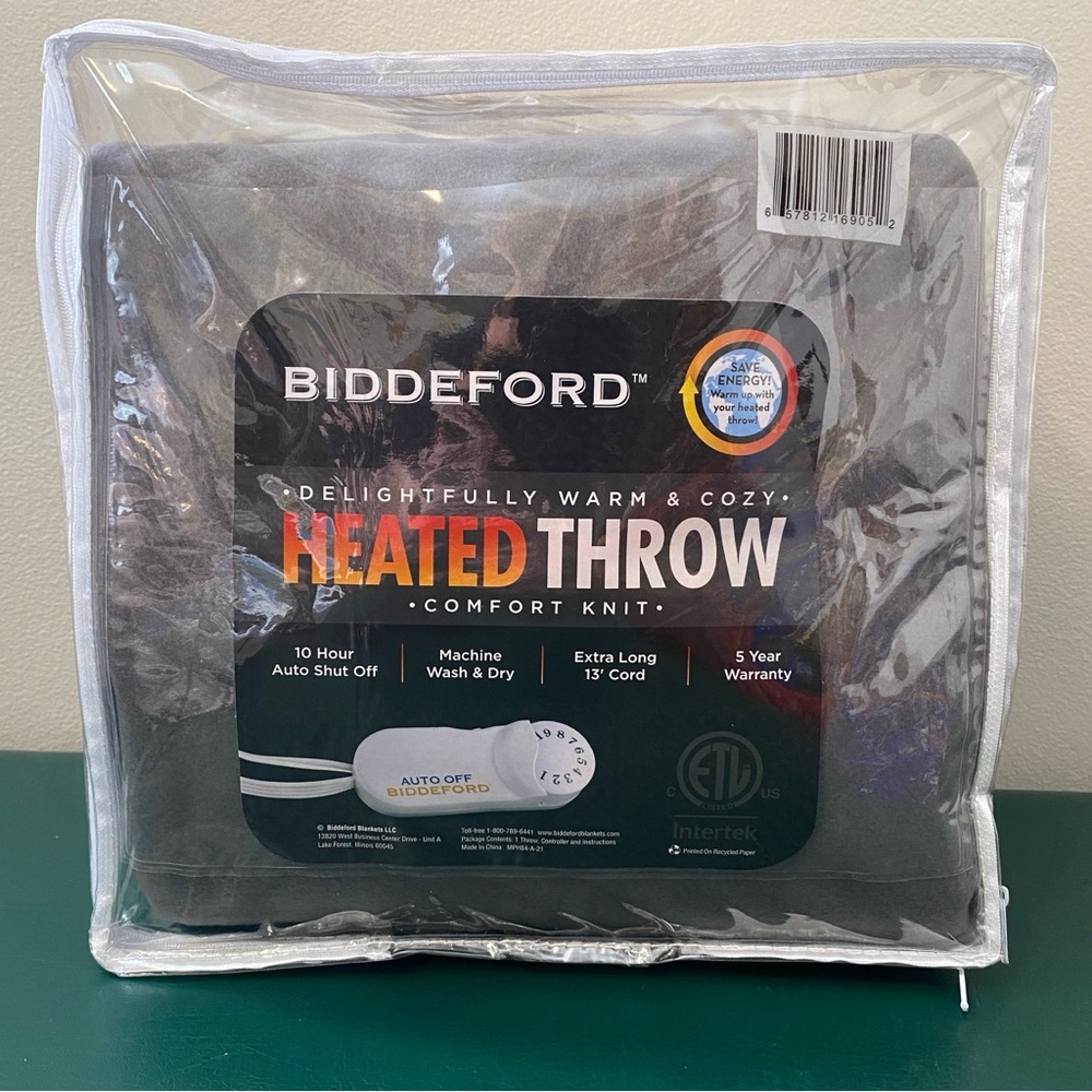NEW  Biddeford Heated Throw Blanket 60” x 50”  Auto Shut Off  Long Cord Wash/Dry